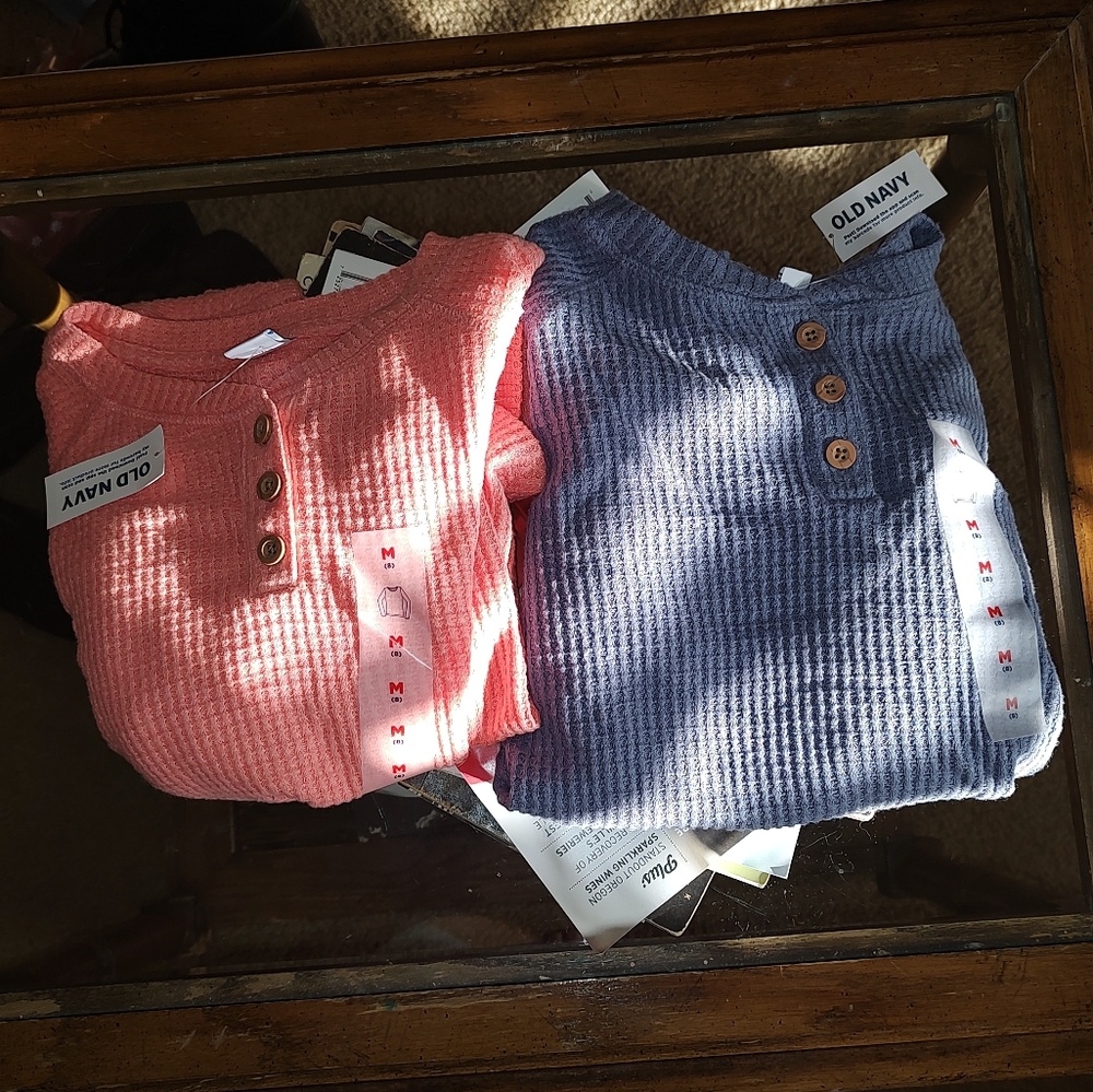 Old Navy Kids' Ribbed Long sleeve Button-Down Thermal Tops - Coral and Blue